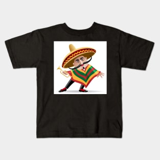 mexican musician in sombrero with trumpet drawn in cartoon style Kids T-Shirt